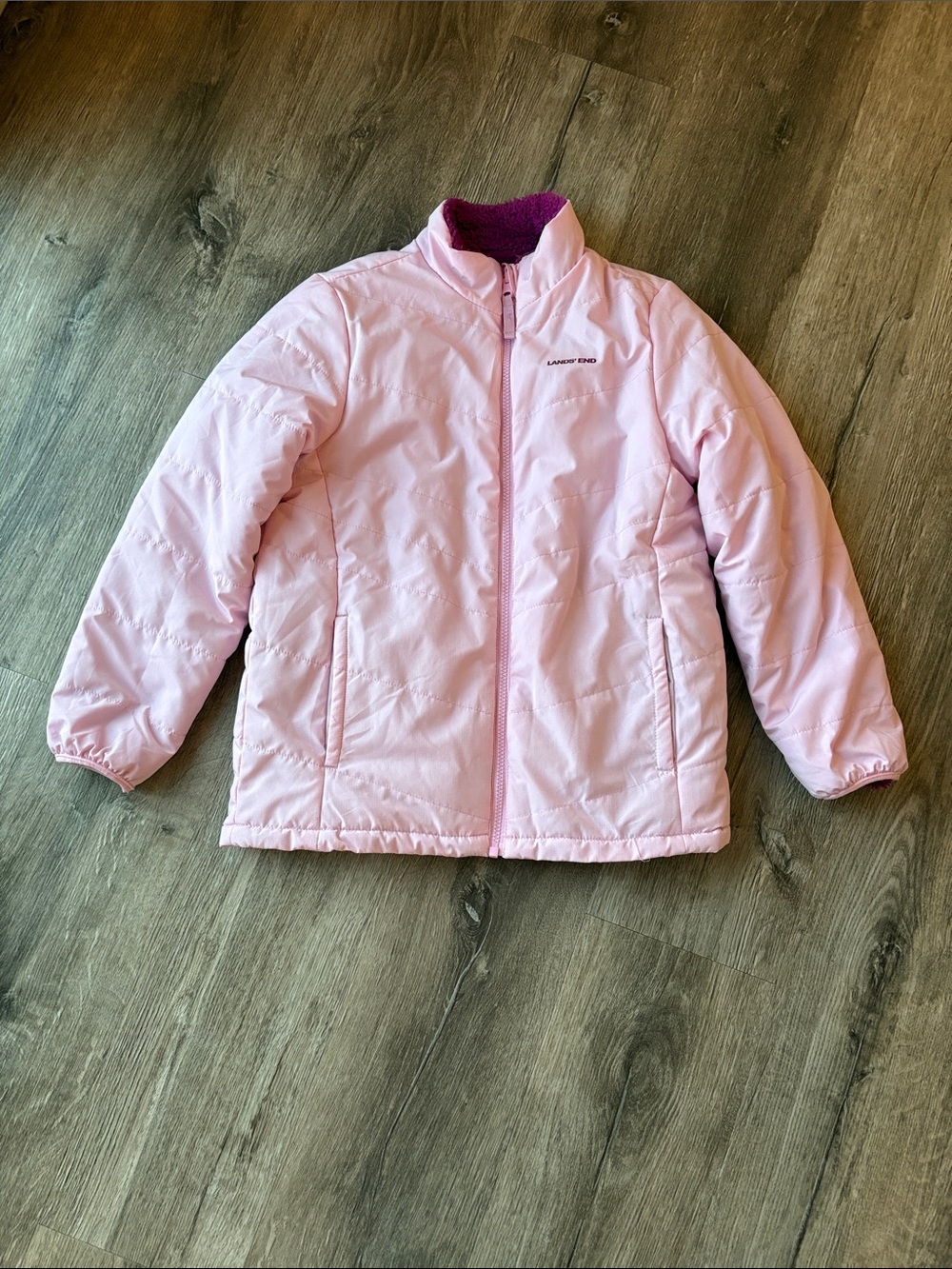 Lands' End Girls Pale Pink Puffer Jacket with Fleece Collar